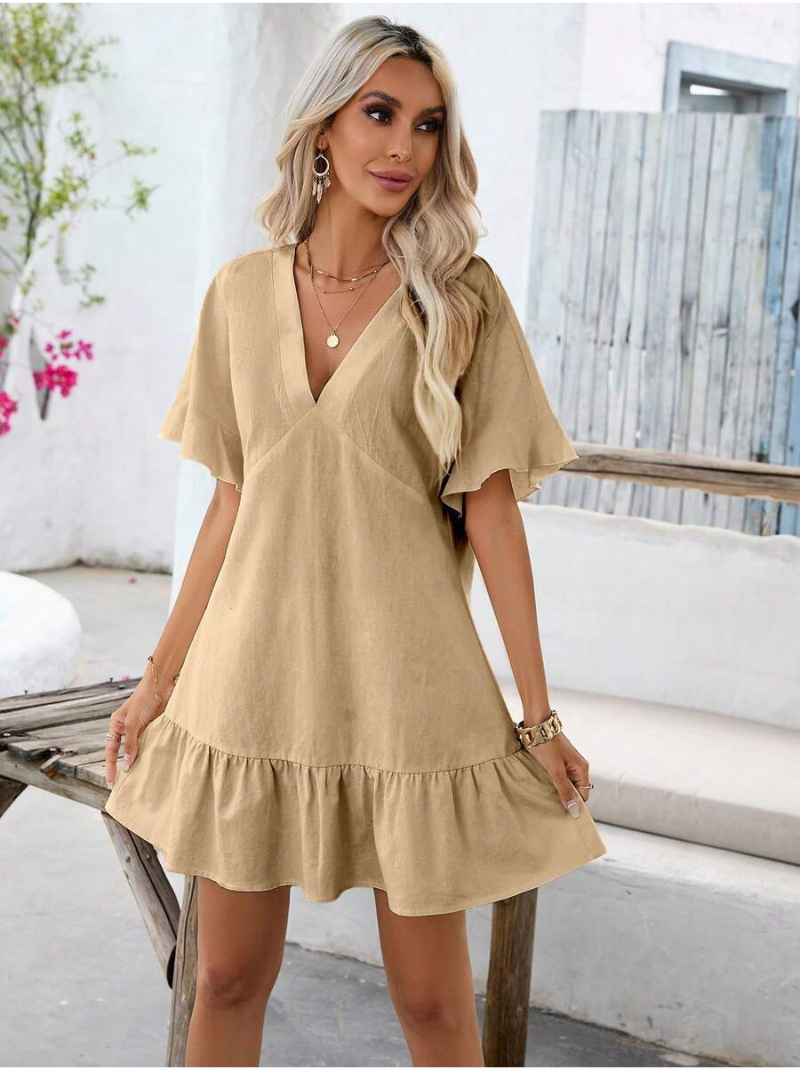 Vestidos mujer,  Vestidos elegantes,  Vestidos cortos,  Vestidos casuales,  vestidos,  Vestido corto,  Vestido,  Ropa de moda,  Outfit mujer,  Vestido Beige,